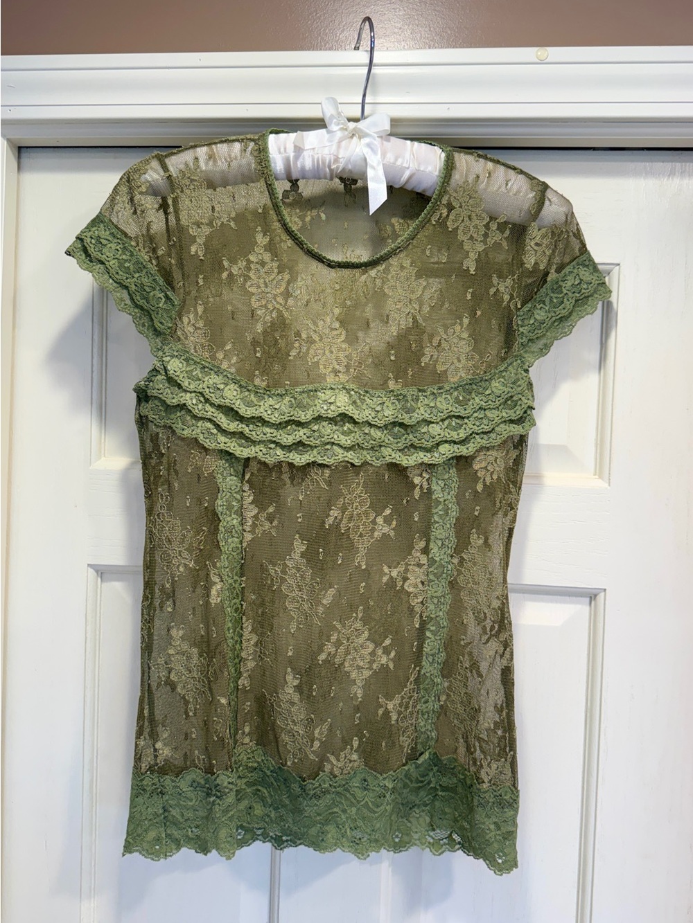 Vintage Forever 21 Olive Green Sheer Lace Ruffle Top